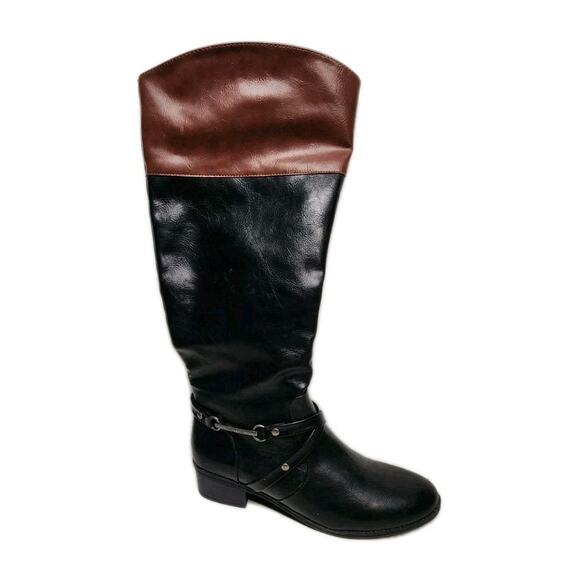 NAUTICA WOMEN'S Riding Boots 8.5 LEATHER SIDE ZIP BLACK & Brown Top Metal Logo - Picture 1 of 12